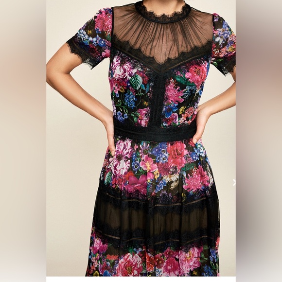 Tadashi Shoji Black Multi Floral Lace Tiered Midi Dress - Picture 3 of 3